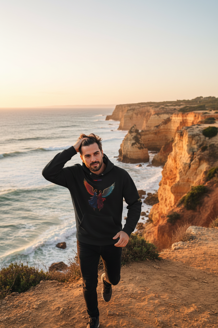 Homme portant le National Hoodie aux falaises de l'Algarve